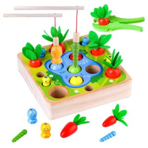 Juego madera montessori didáctico zanahorias gusano pesca
