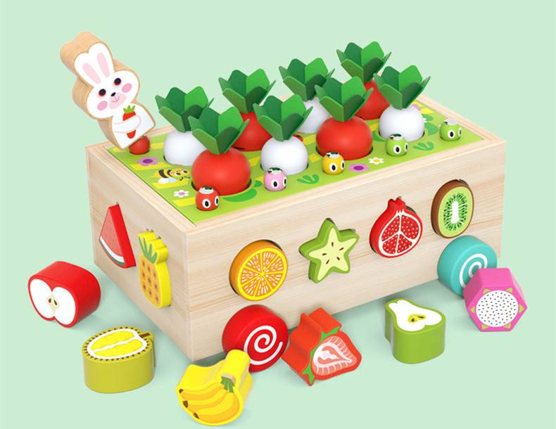 Juego madera montessori didáctico zanahorias gusano formas