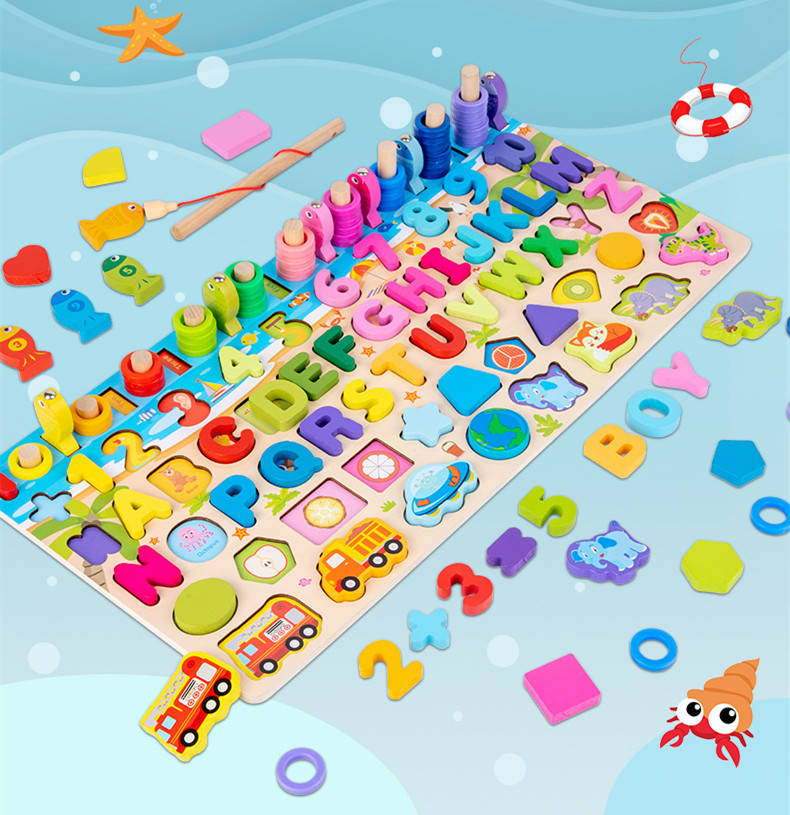 Juego madera 7 en 1 montessori pesca números formas